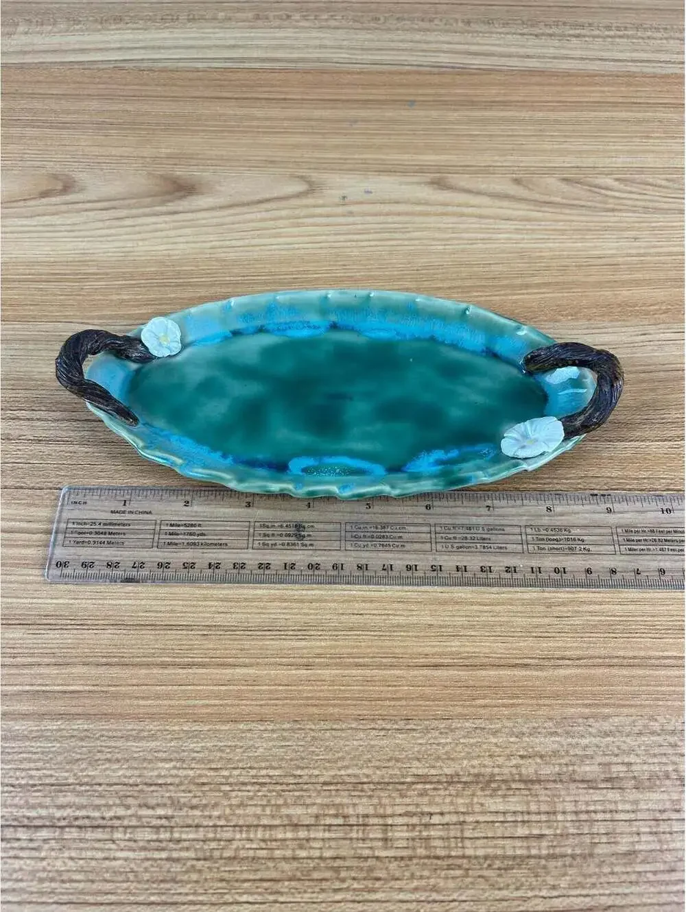 Donkey Flight Clay Creations Green Art Pottery Floral Handled Tray